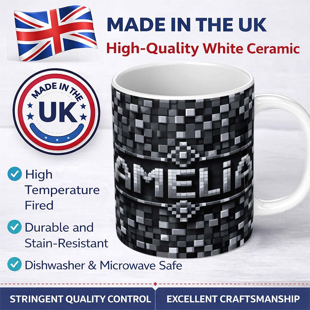 Personalized Custom Name Monochrome Grey Pixel Block Abstract Seamless Pattern Lovely 11oz Ceramic Coffee Tea Mug White Large Handle