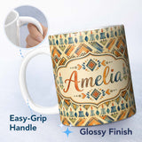 Personalized Custom Name Geometric Tribal Candle Motif Ethnic Pattern Seamless Pattern Design 11oz Ceramic Coffee Tea Mug White Large Handle