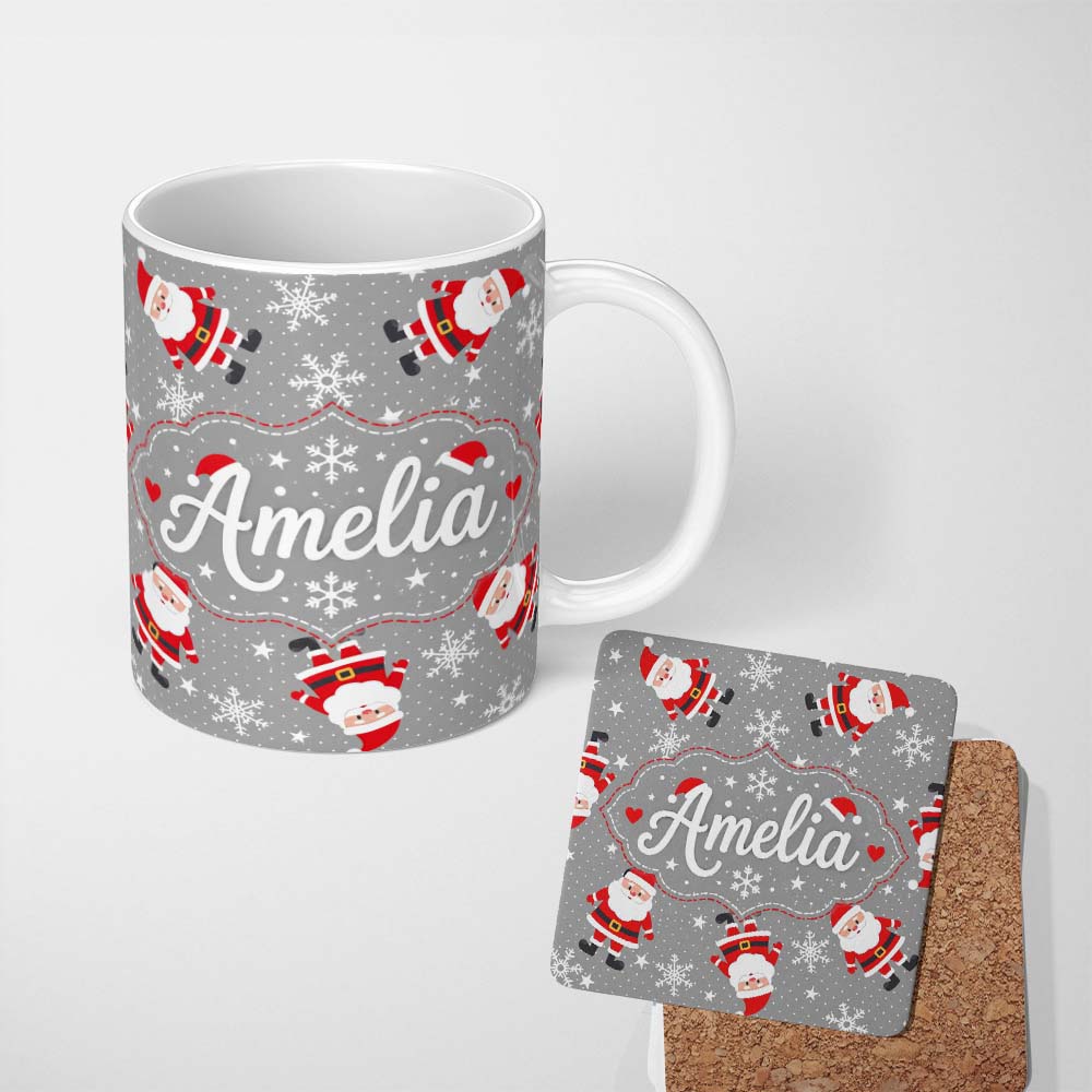 Personalized Custom Name Cute Santa Claus Snowflake Winter Seamless Pattern Cute Unique Gift 11oz Ceramic Coffee Tea Mug White Large Handle