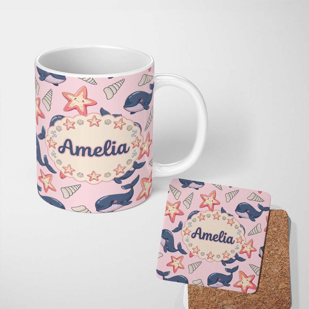 Personalized Custom Name Cute Kawaii Whale Starfish Seashell Ocean Animals Pink Background 11oz Ceramic Coffee Tea Mug White Large Handle