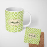 Personalized Custom Name Small Scale Green Floral Geometric Tile Seamless Pattern Lovely 11oz Ceramic Coffee Tea Mug White Large Handle