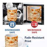 Personalized Custom Name Watercolor Orange Floral Seamless Pattern on Light Background Lovely 11oz Ceramic Coffee Tea Mug White Large Handle
