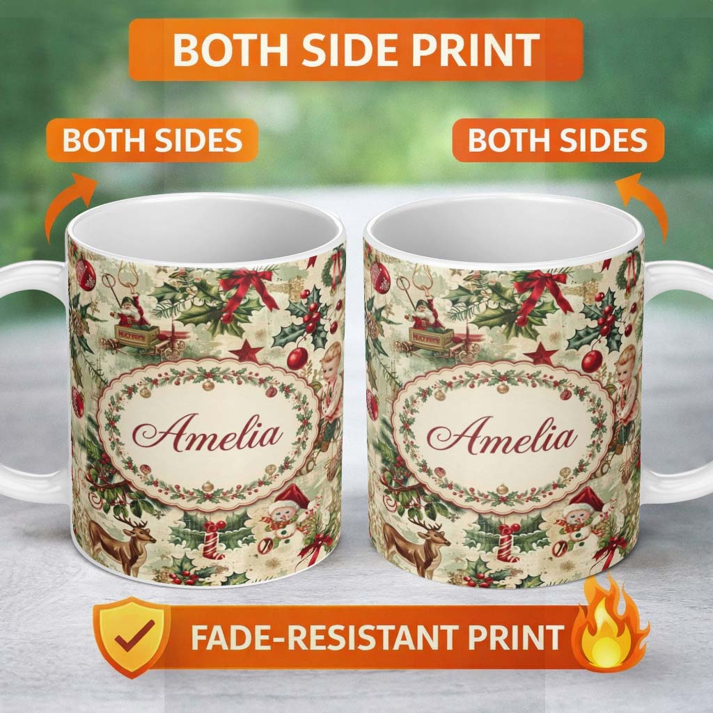 Personalized Custom Name Classic Vintage Christmas Toys Tree Santa Festive Seamless Pattern 11oz Ceramic Coffee Tea Mug White Large Handle