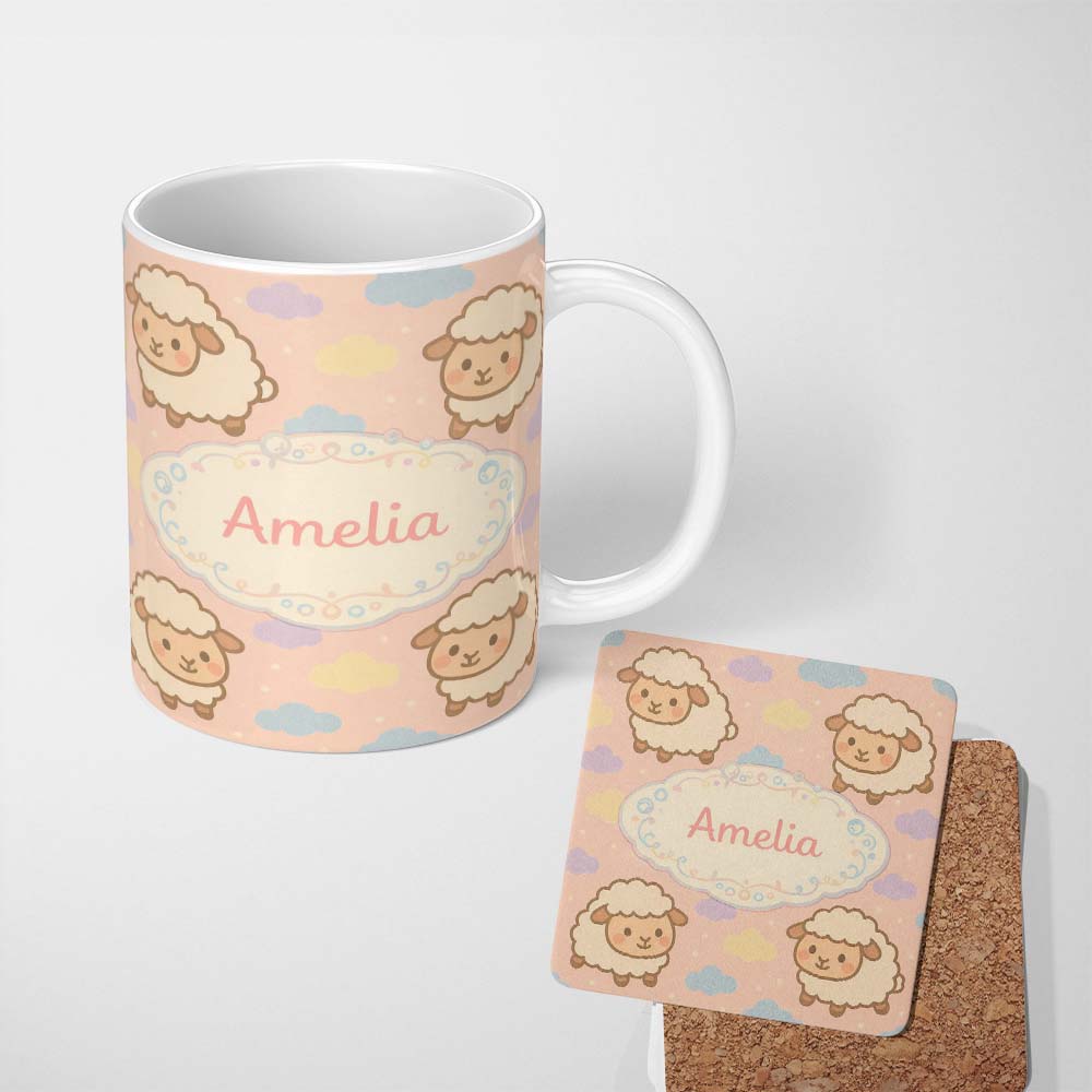 Personalized Custom Name Cute Sheep Cloud Cartoon Farm Animal Pattern Cute Unique Gift Lovely 11oz Ceramic Coffee Tea Mug White Large Handle