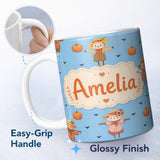 Personalized Custom Name Cute Autumn Scarecrow Pumpkin Birds Seamless Pattern Sky Blue Lovely 11oz Ceramic Coffee Tea Mug White Large Handle