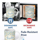 Personalized Custom Name Soft Blue Background White Daisy Floral Seamless Pattern Lovely 11oz Ceramic Coffee Tea Mug White Large Handle