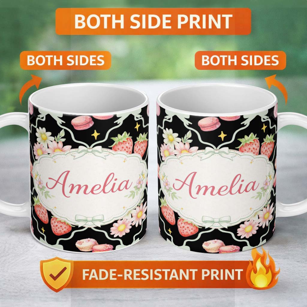 Personalized Custom Name Strawberry Cherry Daisy White Pastel Outline Cute Coquette Floral 11oz Ceramic Coffee Tea Mug White Large Handle
