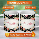 Personalized Custom Name Strawberry Cherry Daisy White Pastel Outline Cute Coquette Floral 11oz Ceramic Coffee Tea Mug White Large Handle