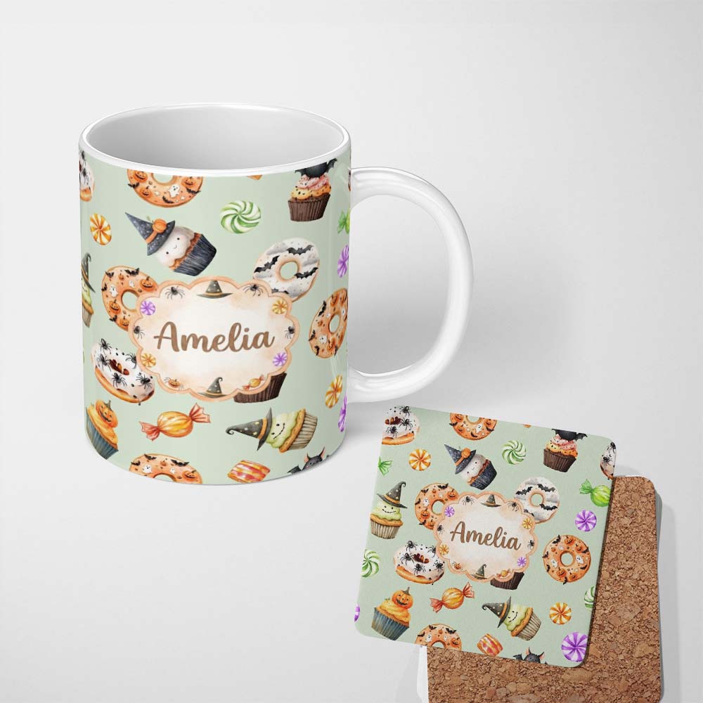 Personalized Custom Name Cute Halloween Donuts Cupcakes Bats Candy and Pumpkins Sage Green 11oz Ceramic Coffee Tea Mug White Large Handle