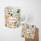 Personalized Custom Name Cute Halloween Donuts Cupcakes Bats Candy and Pumpkins Sage Green 11oz Ceramic Coffee Tea Mug White Large Handle