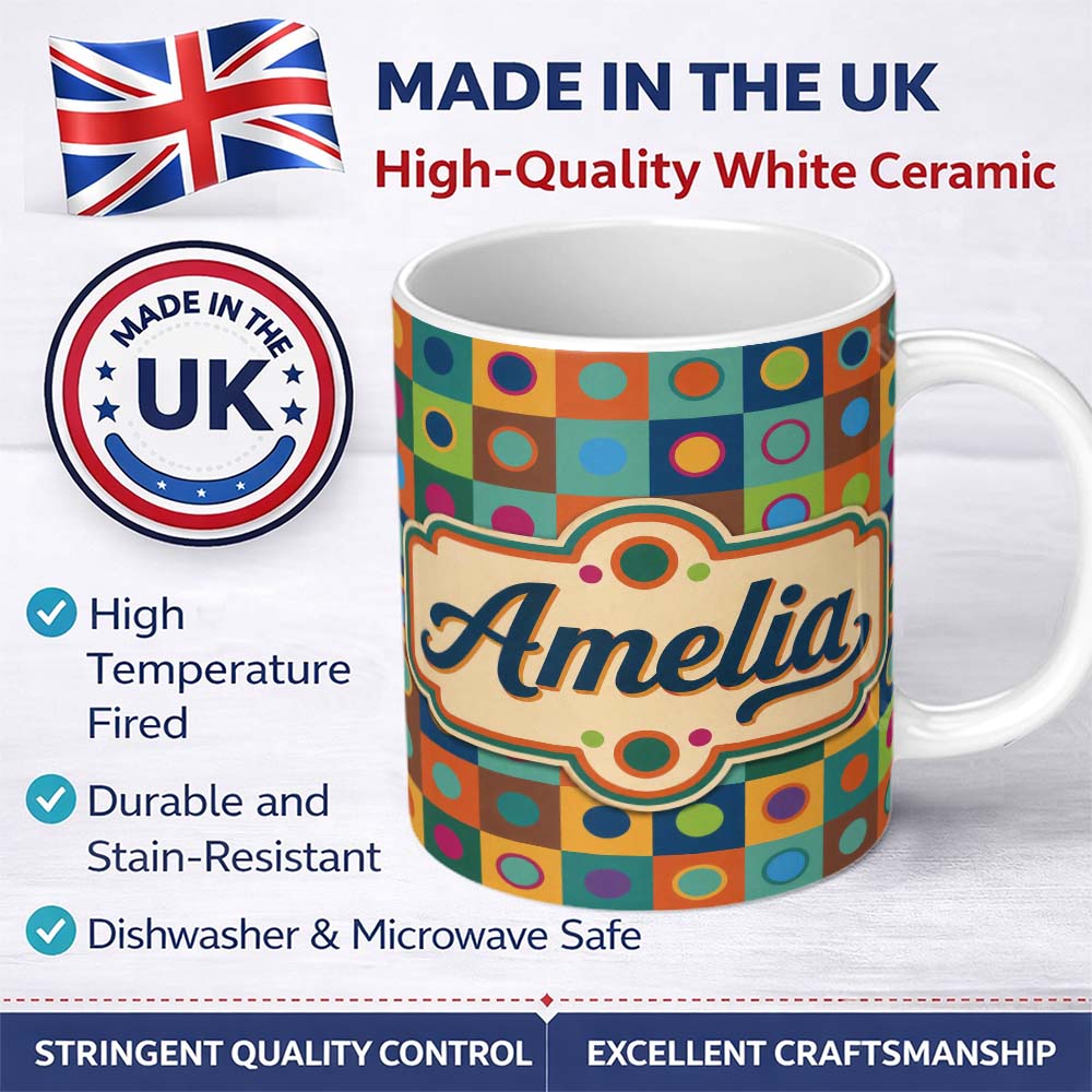 Personalized Custom Name Colorful Polka Dot Grid Modern Geometric Seamless Pattern Lovely 11oz Ceramic Coffee Tea Mug White Large Handle