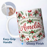 Personalized Custom Name Watercolor Holly Leaves Red Berries Baubles Festive Seamless Pattern 11oz Ceramic Coffee Tea Mug White Large Handle
