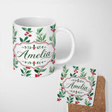 Personalized Custom Name Watercolor Winter Berry Branches Red Green Seamless Pattern Lovely 11oz Ceramic Coffee Tea Mug White Large Handle
