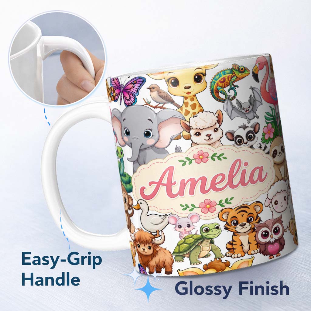 Personalized Custom Name Cute Cartoon Jungle Safari Animals Seamless Pattern on White Lovely 11oz Ceramic Coffee Tea Mug White Large Handle