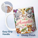 Personalized Custom Name Cute Cartoon Jungle Safari Animals Seamless Pattern on White Lovely 11oz Ceramic Coffee Tea Mug White Large Handle