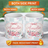 Personalized Custom Name Elegant Watercolor Rose Bouquet Ribbon Butterfly Soft Blue Check 11oz Ceramic Coffee Tea Mug White Large Handle