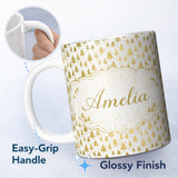 Personalized Custom Name Gold Christmas Tree Pattern White Background Seamless Lovely 11oz Ceramic Coffee Tea Mug White Large Handle