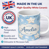 Personalized Custom Name Cute Smiling Starfish with Soft Blue Floral Background Seamless 11oz Ceramic Coffee Tea Mug White Large Handle