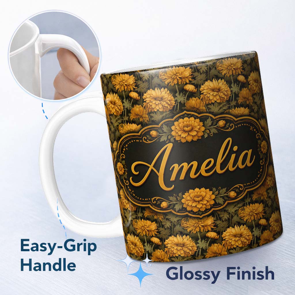 Personalized Custom Name Painterly Orange Floral Pattern with Loose Brushstroke Chrysanthemum 11oz Ceramic Coffee Tea Mug White Large Handle