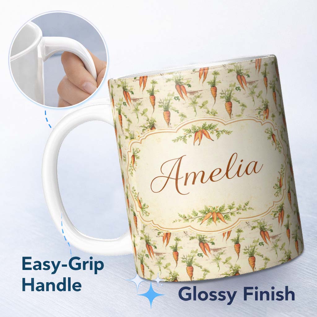 Personalized Custom Name Vintage Carrot Farm Botanical Cream Background Seamless Pattern 11oz Ceramic Coffee Tea Mug White Large Handle