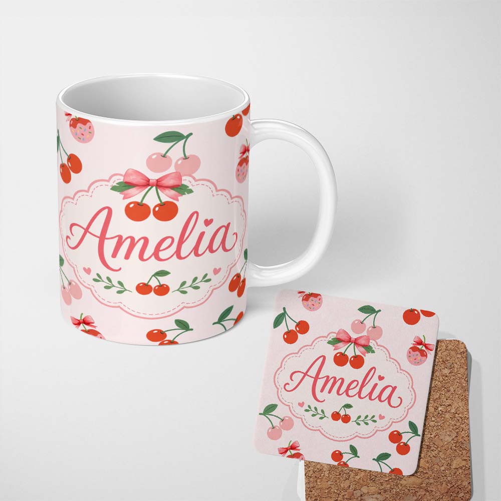 Personalized Custom Name Cute Cherry Fruit with Bow and Sprinkles Seamless Pattern Soft Beige 11oz Ceramic Coffee Tea Mug White Large Handle