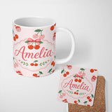 Personalized Custom Name Cute Cherry Fruit with Bow and Sprinkles Seamless Pattern Soft Beige 11oz Ceramic Coffee Tea Mug White Large Handle