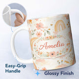 Personalized Custom Name Warm Rainbow Floral Boho Style Seamless Watercolour Pattern Lovely 11oz Ceramic Coffee Tea Mug White Large Handle