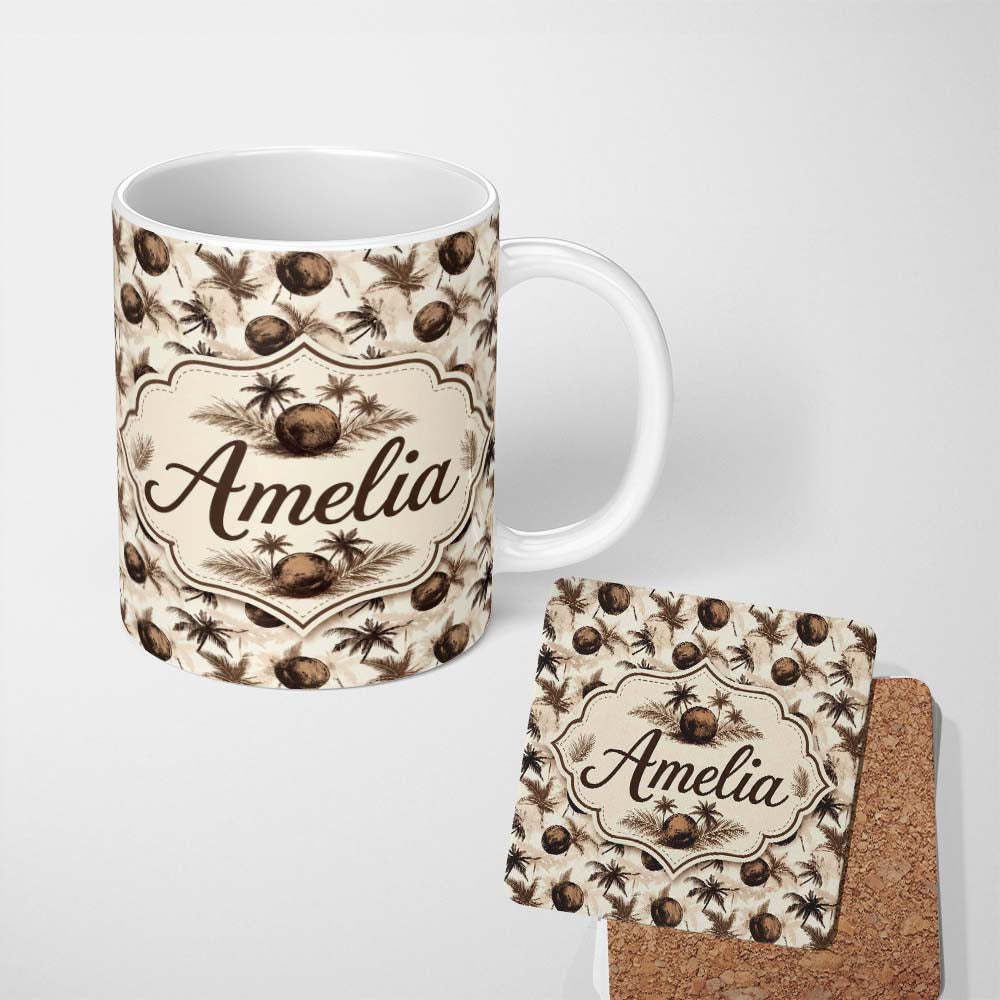 Personalized Custom Name Vintage Coconut and Palm Tree Monochrome Sepia Island Repeat Pattern 11oz Ceramic Coffee Tea Mug White Large Handle