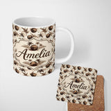 Personalized Custom Name Vintage Coconut and Palm Tree Monochrome Sepia Island Repeat Pattern 11oz Ceramic Coffee Tea Mug White Large Handle