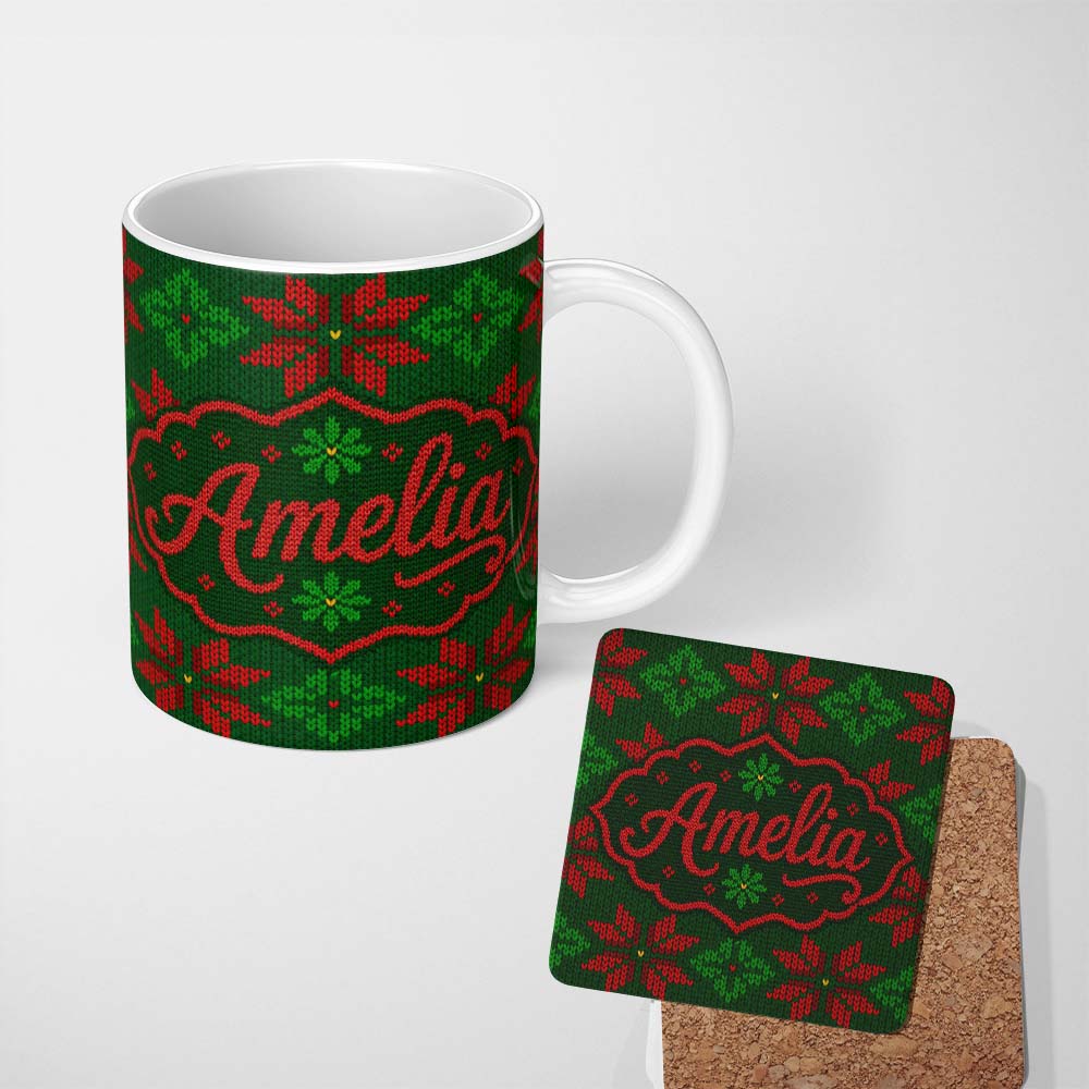 Personalized Custom Name Cute Green Red Nordic Floral Snowflake Winter Knitted Seamless 11oz Ceramic Coffee Tea Mug White Large Handle