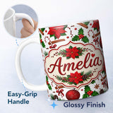 Personalized Custom Name Festive Poinsettia Holly Candy Cane Cinnamon Seamless Pattern Lovely 11oz Ceramic Coffee Tea Mug White Large Handle