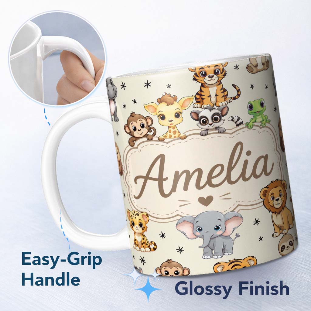 Personalized Custom Name Cute Jungle Baby Animals Lion Tiger Elephant Giraffe Pattern Cream 11oz Ceramic Coffee Tea Mug White Large Handle