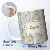 Personalized Custom Name Vintage Orchid Branch Floral Pattern on Textured Blue Distressed 11oz Ceramic Coffee Tea Mug White Large Handle