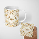 Personalized Custom Name Neutral Beige Floral Botanical Elegant Seamless Pattern Lovely 11oz Ceramic Coffee Tea Mug White Large Handle