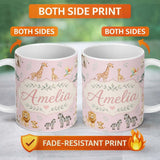 Personalized Custom Name Cute Safari Animals Giraffe Lion Zebra Parrot Seamless Pattern Mauve 11oz Ceramic Coffee Tea Mug White Large Handle