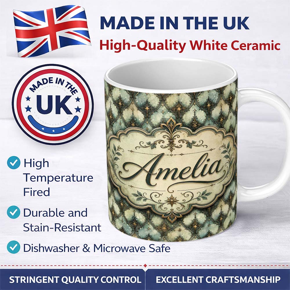 Personalized Custom Name Muted Vintage Ornamental Tile Green and Beige Seamless Pattern 11oz Ceramic Coffee Tea Mug White Large Handle