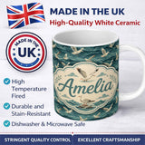 Personalized Custom Name Seagulls Flying Over Deep Blue Ocean Waves Seamless Pattern Lovely 11oz Ceramic Coffee Tea Mug White Large Handle