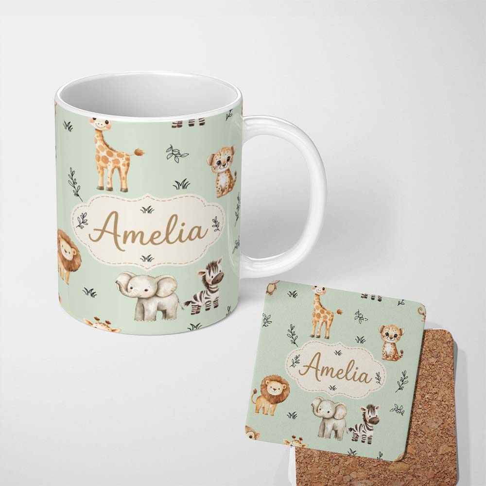 Personalized Custom Name Safari Animals with Elephant Lion and Leopard Cub Soft Sage Green 11oz Ceramic Coffee Tea Mug White Large Handle