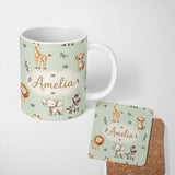 Personalized Custom Name Safari Animals with Elephant Lion and Leopard Cub Soft Sage Green 11oz Ceramic Coffee Tea Mug White Large Handle
