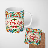 Personalized Custom Name Cute Christmas Bells Gift Sock Holly Apple Seamless Pattern Lovely 11oz Ceramic Coffee Tea Mug White Large Handle