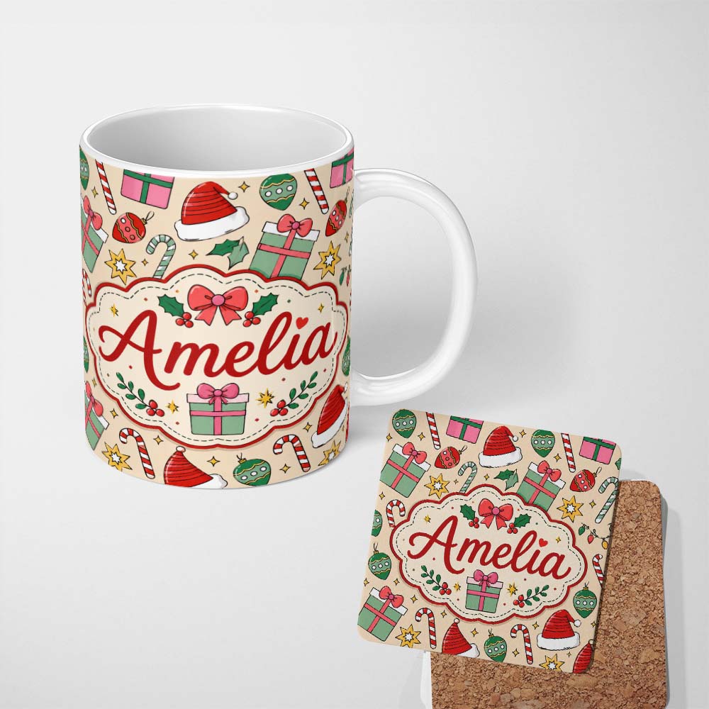 Personalized Custom Name Cute Christmas Gifts Candy Canes Baubles Santa Hat Festive Seamless 11oz Ceramic Coffee Tea Mug White Large Handle