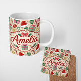 Personalized Custom Name Cute Christmas Gifts Candy Canes Baubles Santa Hat Festive Seamless 11oz Ceramic Coffee Tea Mug White Large Handle