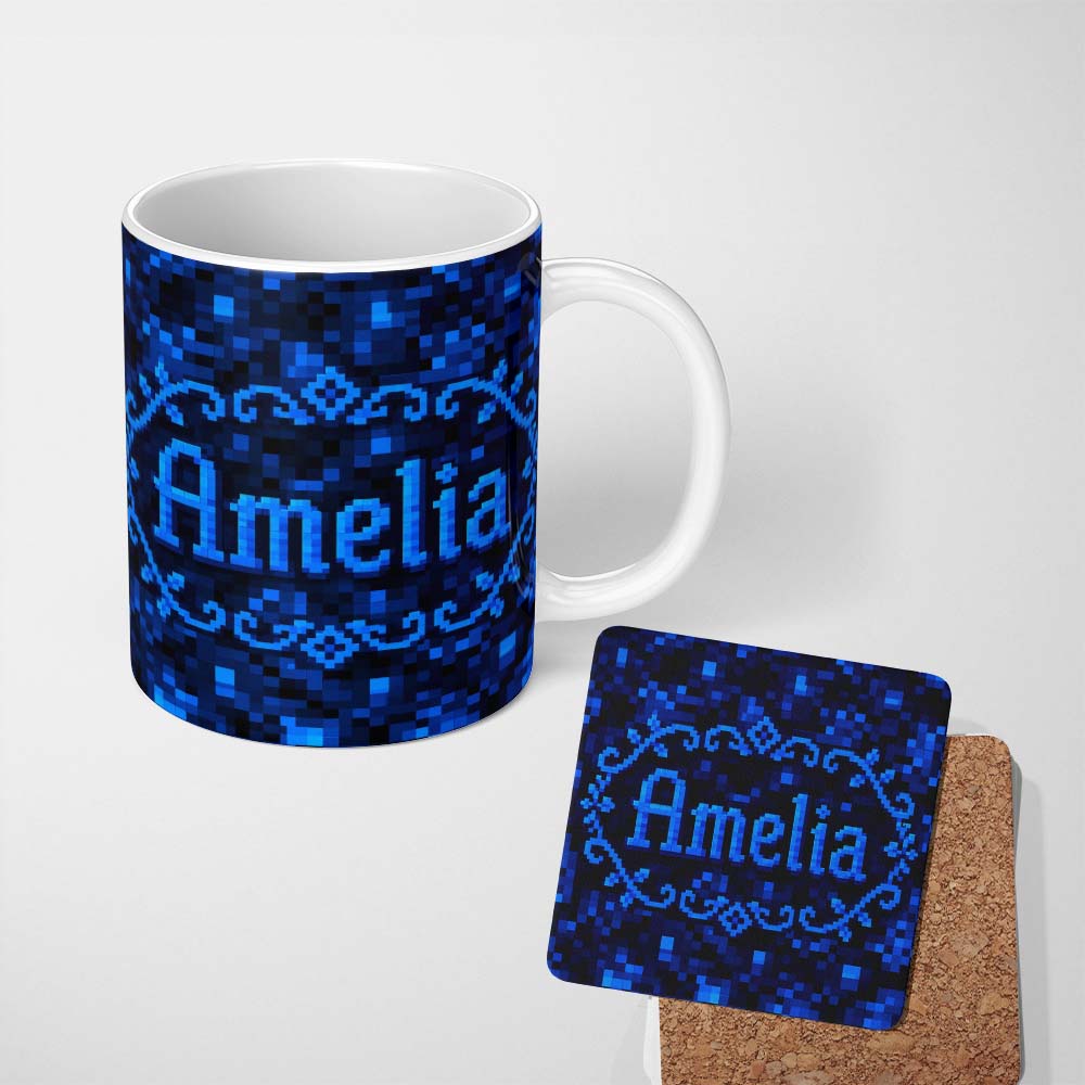 Personalized Custom Name Dark Blue Pixel Texture Abstract Seamless  Cute Unique Gift 11oz Ceramic Coffee Tea Mug White Large Handle