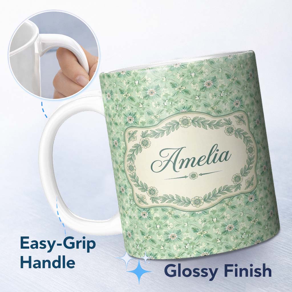 Personalized Custom Name Elegant Green Floral Medallion Seamless Pattern Vintage Botanical 11oz Ceramic Coffee Tea Mug White Large Handle