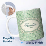 Personalized Custom Name Elegant Green Floral Medallion Seamless Pattern Vintage Botanical 11oz Ceramic Coffee Tea Mug White Large Handle