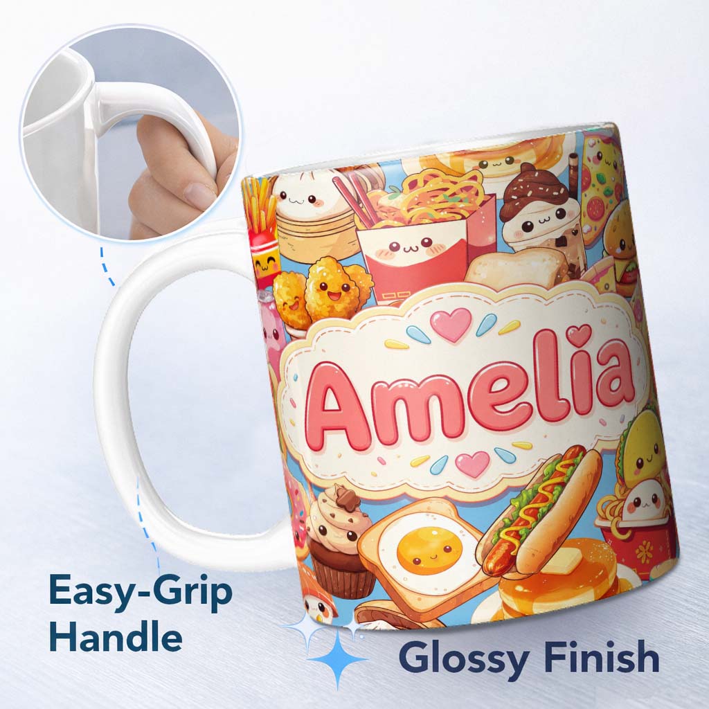 Personalized Custom Name Kawaii Fast Food Collage Burger Pizza Fries Drinks Blue Seamless 11oz Ceramic Coffee Tea Mug White Large Handle
