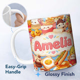Personalized Custom Name Kawaii Fast Food Collage Burger Pizza Fries Drinks Blue Seamless 11oz Ceramic Coffee Tea Mug White Large Handle