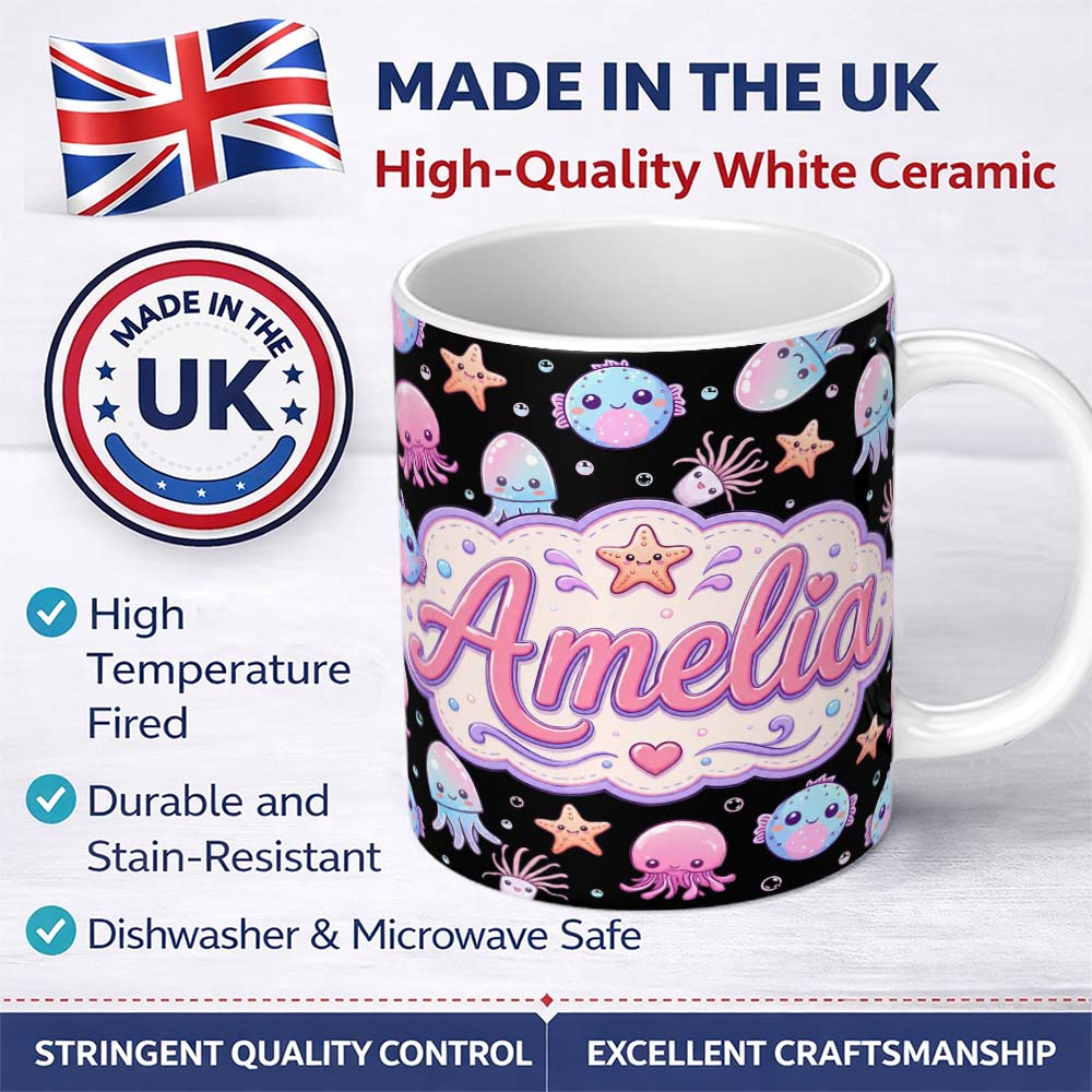 Personalized Custom Name Kawaii Jellyfish Puffer Fish Starfish Pastel Ocean Creatures Black 11oz Ceramic Coffee Tea Mug White Large Handle