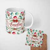 Personalized Custom Name Watercolor Christmas Baubles Pine Berry Greenery Seamless Pattern 11oz Ceramic Coffee Tea Mug White Large Handle