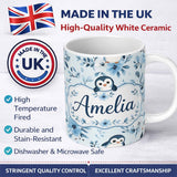 Personalized Custom Name Cute Penguin with Blue Floral Background Seamless Pattern Lovely 11oz Ceramic Coffee Tea Mug White Large Handle